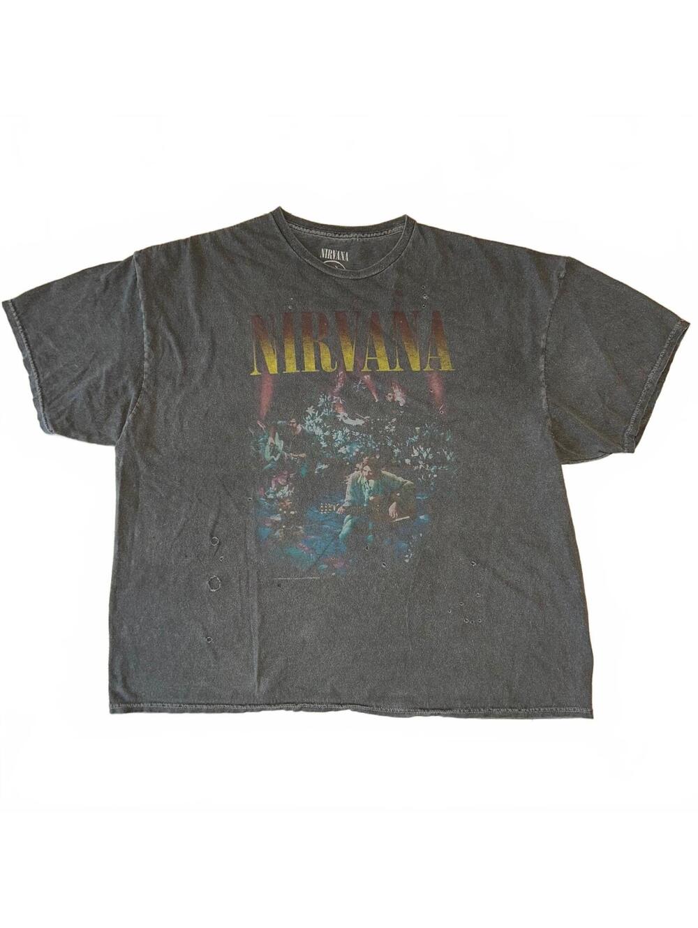 Nirvana Distressed Acid Wash Band Tee OS Grunge Vintage Style Live Concert